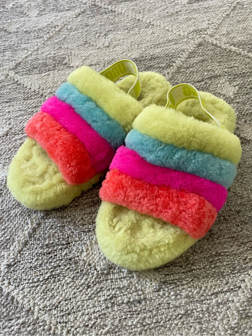 UGG Kids Multicolor Plush Slide Slippers - Lime, Blue, Pink, Coral